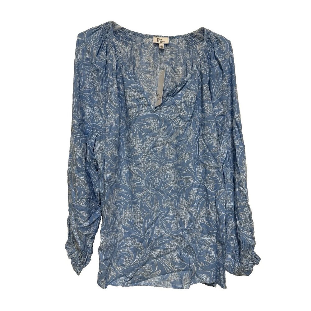 Kim Rogers Women’s Plus Size 2X Blue White Top Shirt Tunic Long Sleeves VNeck